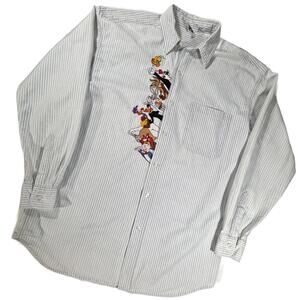 Looney Tunes Shirt Women's Large VTG 8 Embroidered Characters Denim White Stripe